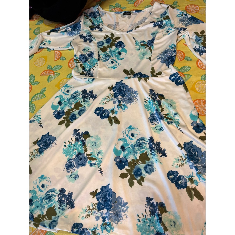 Fantazia‎ Floral Fit and Flare Dress Womens Medium White Blue 3/4 Sleeve